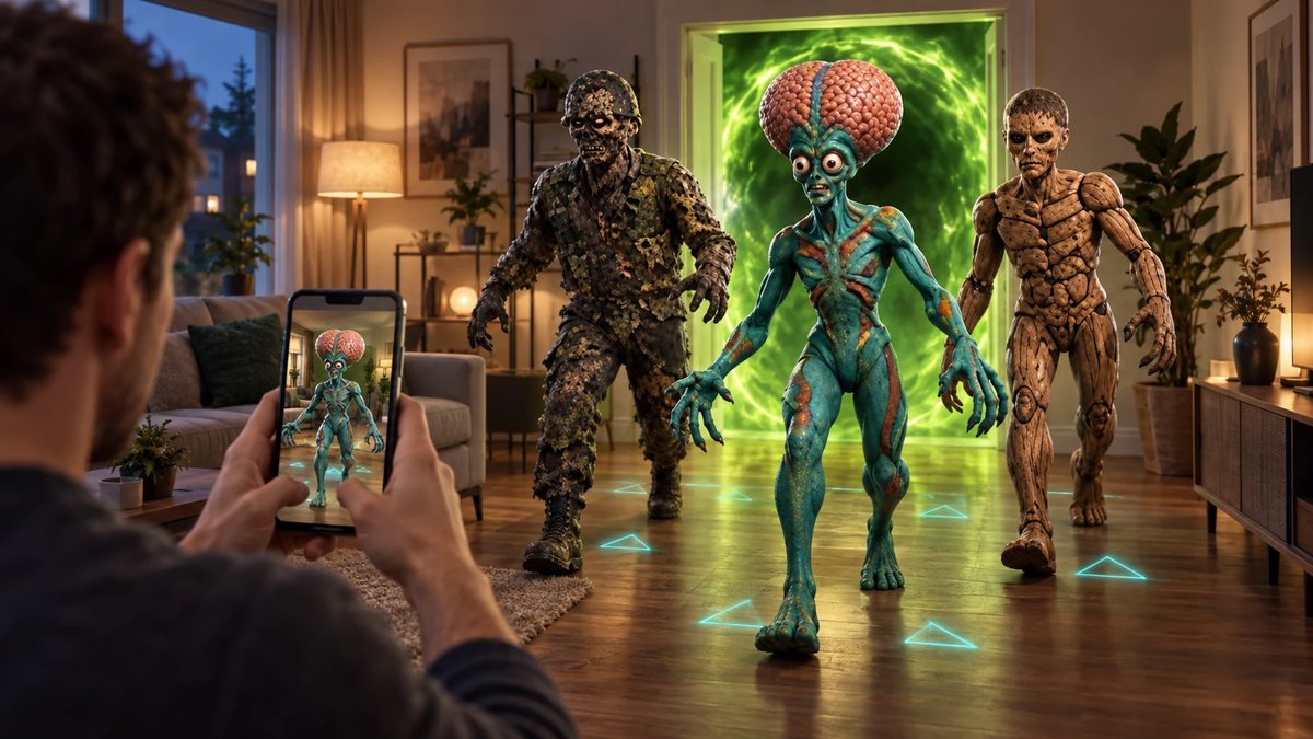 ROOMRAID: Durch ein leuchtendes Portal kommen ein Zombie, ein Alien und eine Holzfigur ins Wohnzimmer, der Spieler sieht sie auf seinem Handy