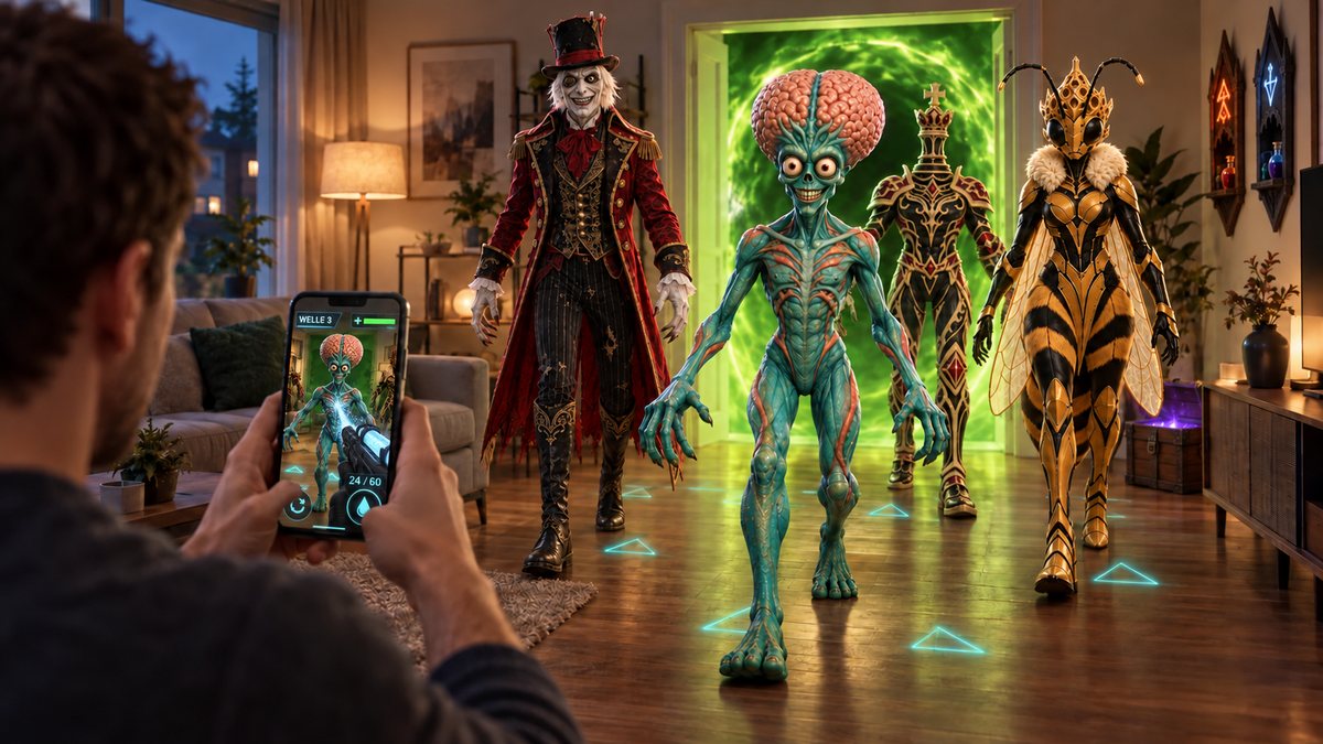 ROOMRAID: Aus einem grünen Portal kommen ein Alien, ein Zirkusdirektor, ein Ritter und eine Wespenkriegerin ins Wohnzimmer, der Spieler sieht sie auf seinem Handy